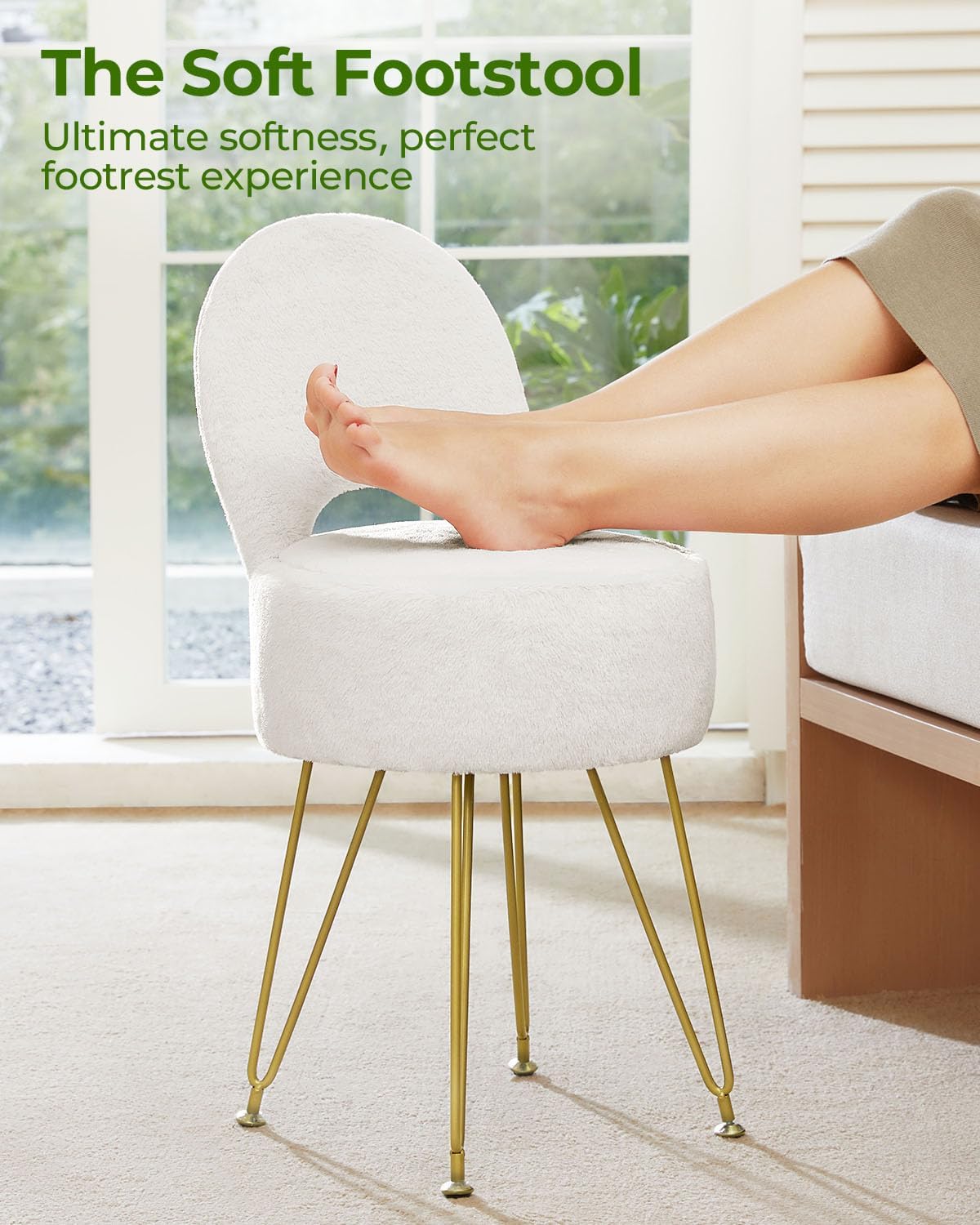 Small Vanity Stool Chair with Storage and Folding Back, 13" x 13" x 17.7" Faux Fur Soft Ottoman for Teenager, 4 Metal Legs with Anti-Slip Feet, Furry Padded Seat for Makeup, Bedroom, White